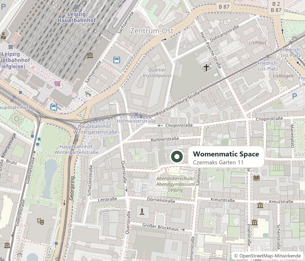 Karte mit dem Womenmatic Space in Czermaks Garten 11, Leipzig, wenige Gehminuten vom Hauptbahnhof